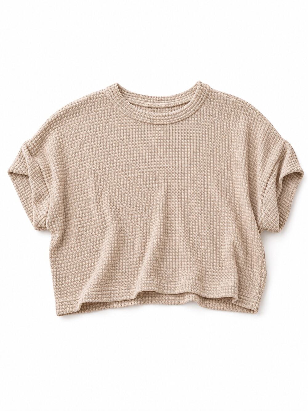 Women’s Beige Textured Waffle Knit Cropped Short Sleeve Sweater Top Medium